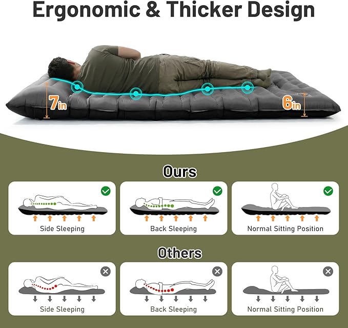 KASBAH Double Inflatable Camping Sleeping PadThick 6 inch 2 Person Ultralight Sleeping Mat with Built-in Foot Pump and PillowCamping Essentials for HikingBackpackingTraveling Tent