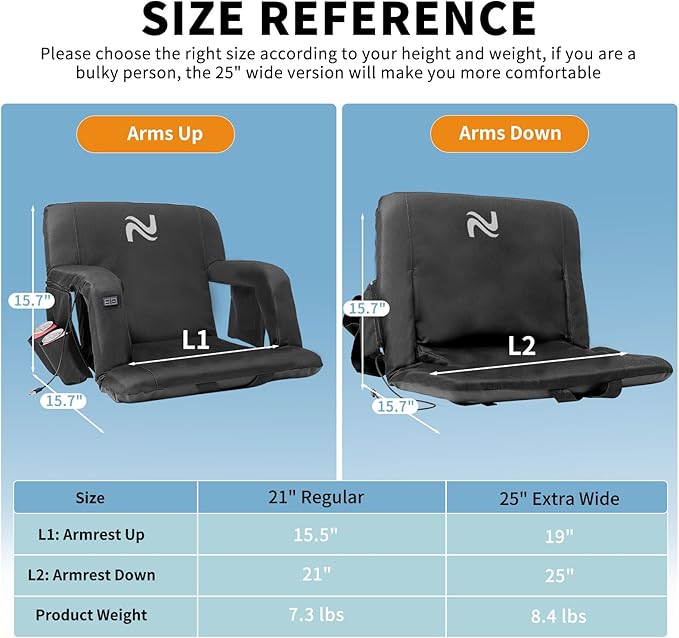 NAIZEA Heated Stadium Seats Bleacher Seat with Back Support &amp Arm Armrest Portable 6 Reclinng Positions Stadium Chair for Sports Events Outdoors（Power Bank is Not Included