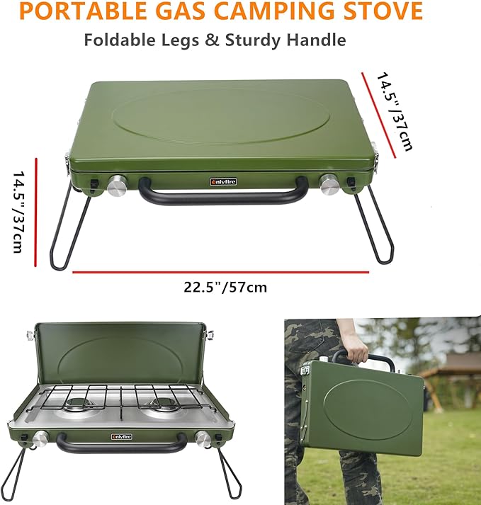 ONLYFIRE OUTDOOR LIVING Portable Camping Gas Stove 2-Burner Propane Camp Stove with Foldable Legs Heavy-Duty Latch &amp Handle for Patio Cooking Camping Tailgating RV BBQ Green GS331