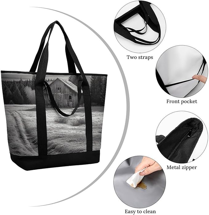 Insulated Shopping BagLarge Reusable Cooler Bags Barn Black And White Printed Foldable Shopping BagTravel Waterproof Shoulder Bag