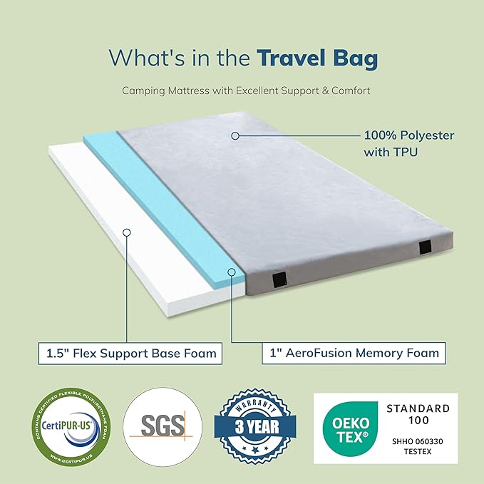 EGO Roll up Single Small Mattress Memory Foam CertiPUR-US Certified Roll Up Floor Mattress Mat for Camping Sleeping Pad Portable with Travel Bag