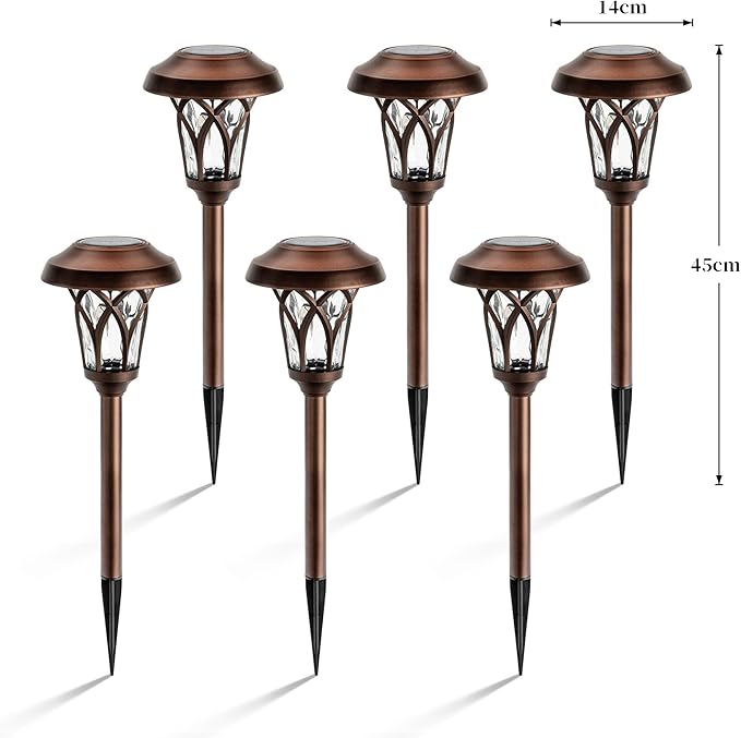 GIGALUMI 6 Pack Solar Pathway Lights Outdoor Metal Glass &amp ABS Solar Landscape Lights Waterproof IP65 Warm White Solar Powered Garden Lights for Yard Patio Walkway Driveway (Brown)