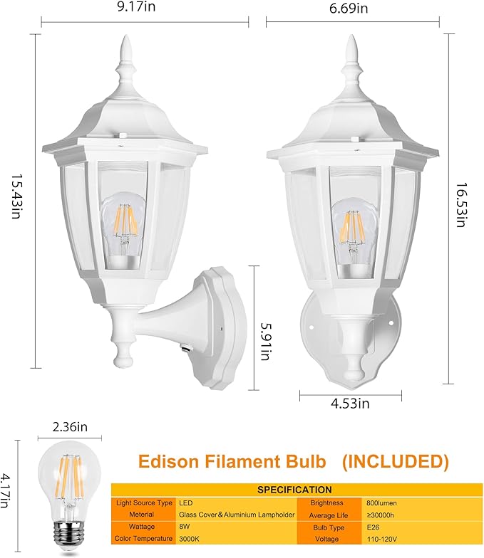 FUDESY Outdoor Wall Light Dusk to Dawn Porch Sensor Light White Plastic Anti-Corrosion with LED Edison Filament Bulb Exterior Mount Lantern for House Garage (1-Pack) FDS2542PS-W