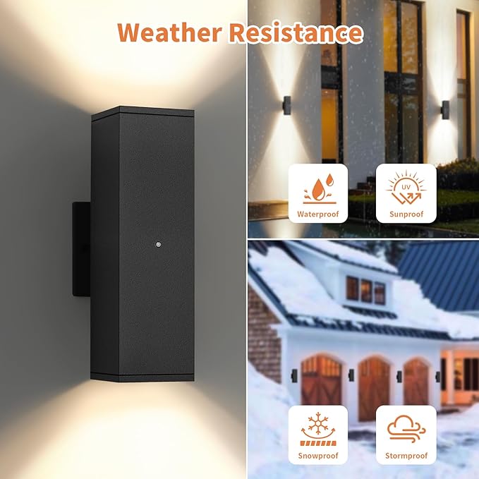Dusk to Dawn Outdoor Lighting LED Square Up and Down Outdoor Sconce Lights Matte Black Exterior Lighting Fixtures with 7W LED Bulbs Front Porch Lights for house Garage Patio Doorway 1 Pack