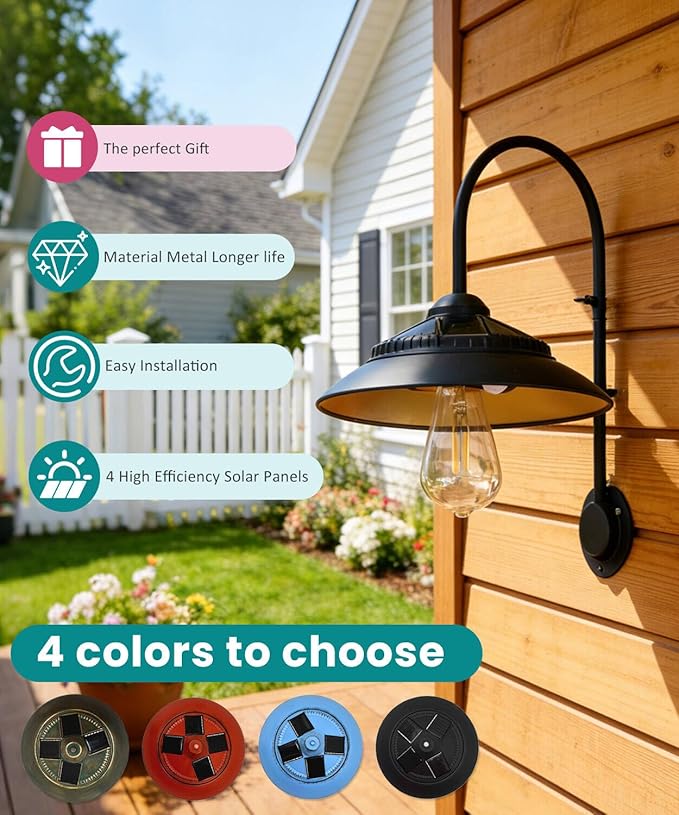 Goodeco Solar Barn Light with Motion Sensor - Metal Design Outdoor Lights - 4 High Efficiency Solar Panels with Clear Glass LED Edison Bulb Perfect Chicken Coop Light &amp More (Black)