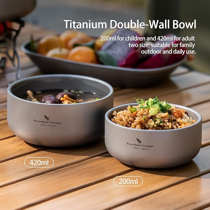 Boundless Voyage 420ml Titanium Double Walled Bowl for Adult Children Ultralight Portable Soup Rice Food Bowl Outdoor Camping Durable Metal Tableware Ti1084T