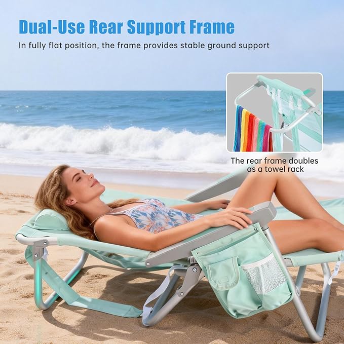 SUNNYFEEL Low Beach Chairs for Adults 5 Position Lay Flat Portable Folding Backpack Beach Chair Heavy Duty with Cooler Bag Cup Holder for Outdoor/Lawn/Picnic/Sand Foldable Camping Chair