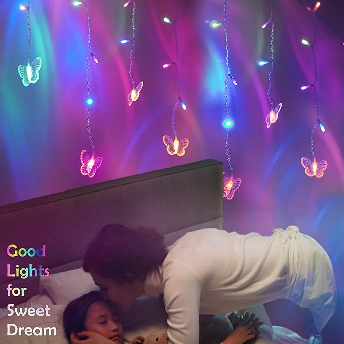 120 LED 20FT Butterfly Curtain Fairy Lights USB Pluged - 8 Modes Starry Twinkle Icicle String Lights with Remote Timer Waterproof for Kids Bedroom Christmas Wedding Party Dorm(Multicolor2)