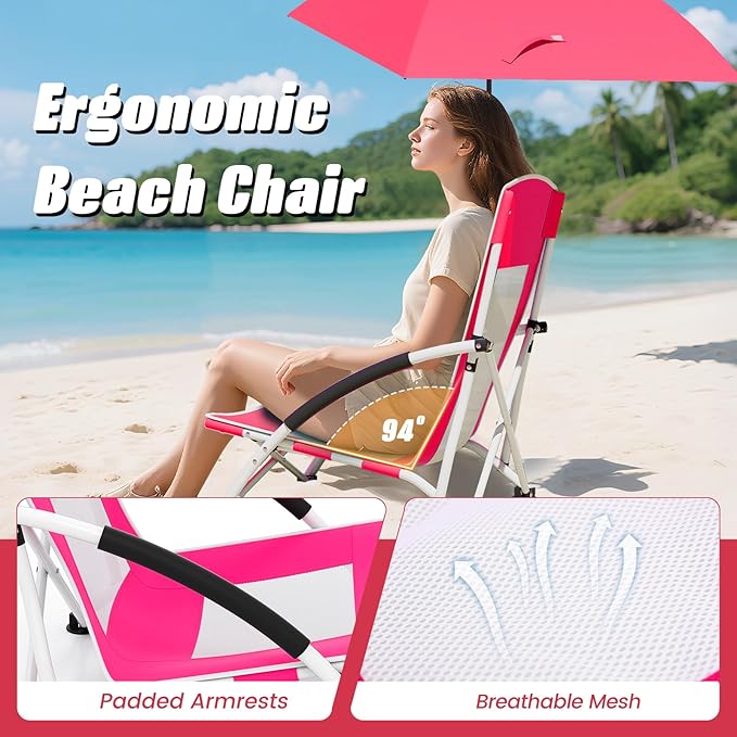 Giantex 2-Pack Low Folding Beach Chair with Detachable &amp Adjustable Umbrella Carrying Bag Padded Armrests Mesh High Back Load 330 LBS Anti-Slip Foot Pads Camping Chair for Picnic Lawn Pink