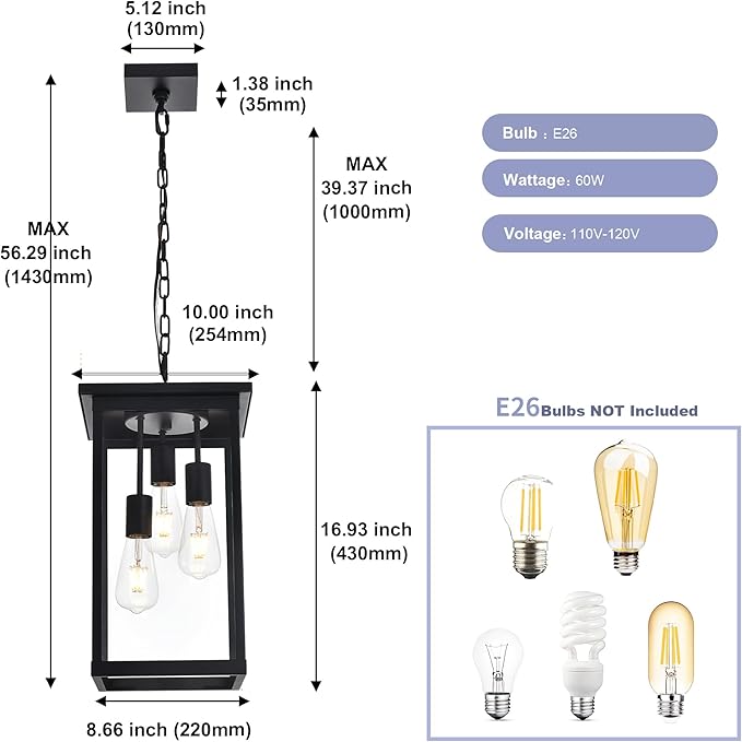 3-Lights Large Outdoor Pendant Light with Clear Glass Exterior Hanging Lantern Matte Black Height Adjustable Hanging Light Fixture for Porch Patio Damp Locations E26 Base