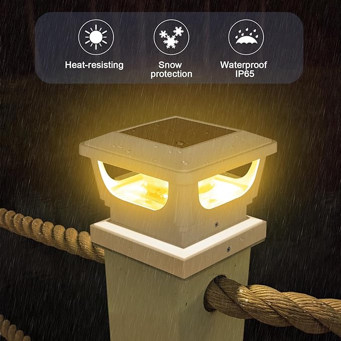 Sumaote 120 Lumen Solar Post Cap Light Outdoor Fits 4 x 4 Wood 3x3 &amp 4x4 PVC/Vinyl Posts 3000K Warm White Fence Deck Post Lights Solar Powered for Garden Yard Railing IP65 Waterproof 4 Pack