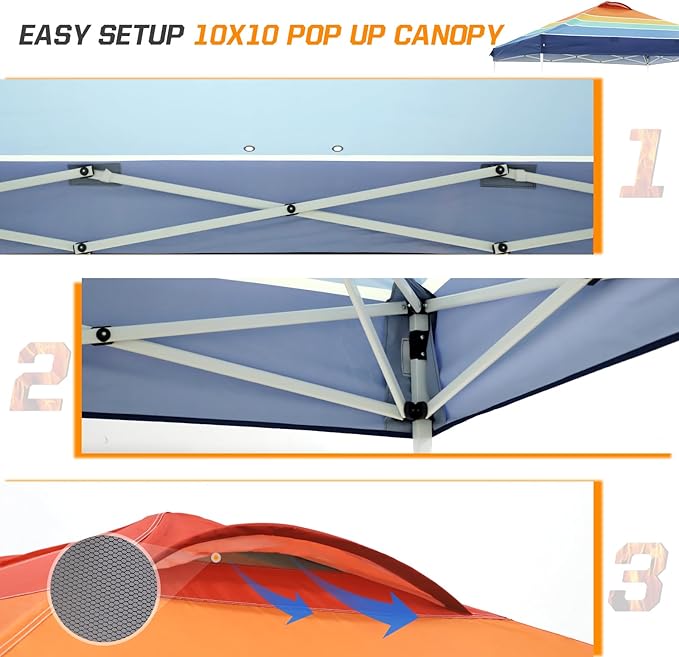 EAGLE PEAK Pop Up Canopy Tent with Wheeled Carry Bag 8 Stakes 4 Ropes 4 Weight Bags Easy Set Up Tent Canopy 10x10 ft 100sqft of Shade Sunset Stripe