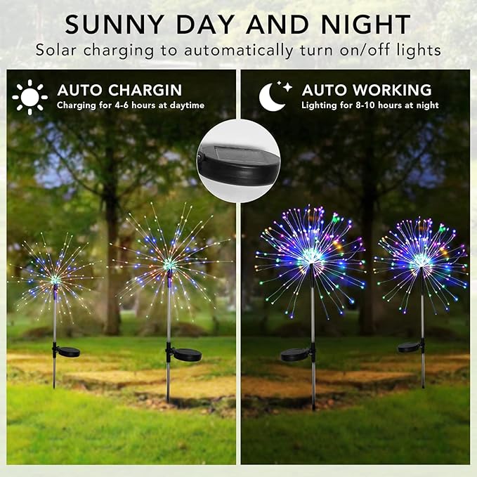 FOOING 6 Pcs Solar Garden Lights Solar Firework Lights 200 LED String Light 2 Modes Twinkling Nightlight for Outside Wedding Party Patio for Home Decor (Colorful)