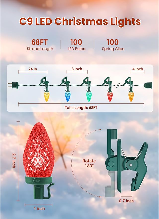 C9 LED Christmas Lights Outdoor 68Ft 100 LED String Lights with Quick Clips Commercial Grade Extendable Waterproof Outdoor Christmas Lights for House Outside Roofline Xmas Decorations Multicolor