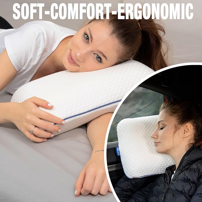Travel &amp Camping Comfortable Memory Foam Pillow – Easy to Carry Portable Bag – Temperature Regulating Pillow Case - Perfect for Travelling (White)