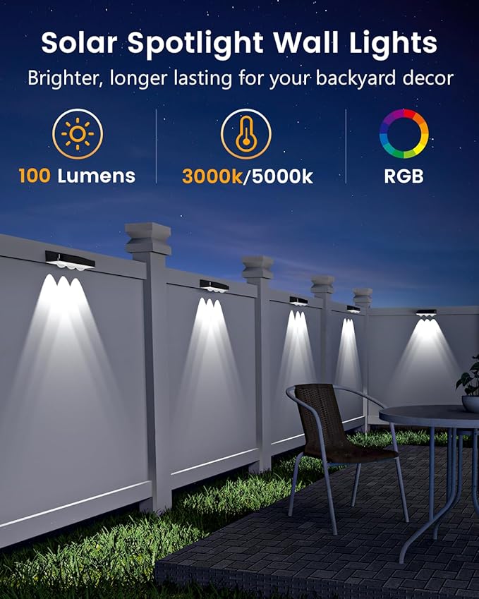 Solar Fence Lights Outdoor Waterproof Led 8Pack1300mAh 6 Inch Solar Lights for Fence with Warm White &amp RGB 8 Colors Outdoor Solar Lights for Patio Backyard Deck Fence Railing (Black)
