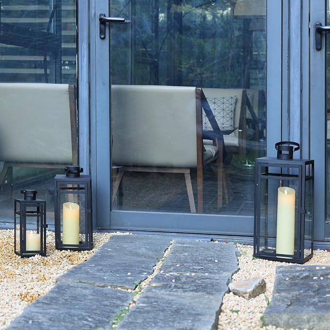 NEEDOMO Stainless Lanterns Decorative Outdoor &amp Indoor Set of 3 Outdoor Lanterns for Porch 22/ 17/14 Candle LanternStainless with Glass Water-Proof Farmhouse Patio Pathway Christmas