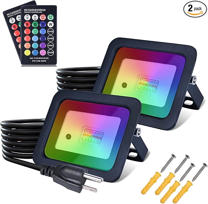 MIWAT 20W 2Pack LED Flood Light with Power Cord for Garden Lighting 4x3 inch IP68 Waterproof RGB Lamp with Remote for Landscape Lighting (Black Shell)
