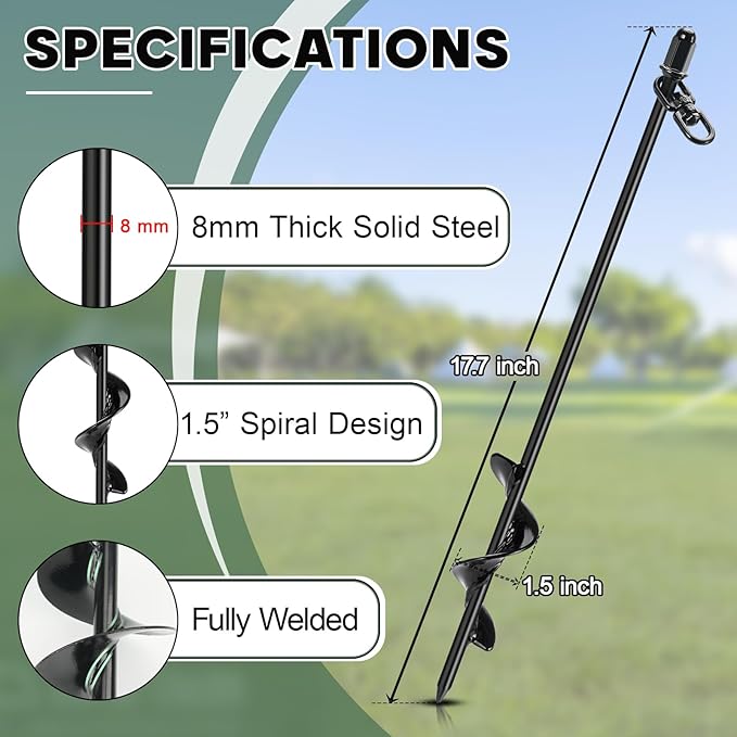 Tinnmao 4-Pack 17.7 Tent Stakes Heavy Duty with 8 Ratchet Tie Down Straps (1/8 φ) Kit for High Wind 8mm Solid Steel Spiral Ground Anchors Screw in for Tarp | Canopy | Sand Beach Camping Tent