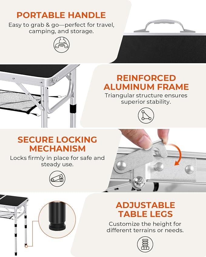 Sportneer Camping Table: Adjustable Height Small Folding Table 23.6 L x 15.7 W 4 Height with Mesh Layer - Compact &amp Portable Camping Essentials for Outdoor Camp Garden Picnic BBQ Dining Cooking