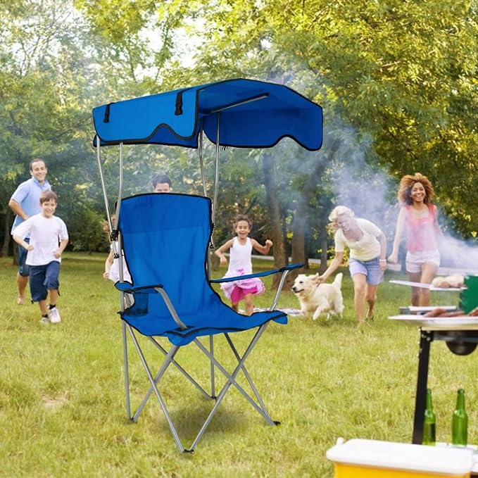 Moclever Folding Canopy Camp Chair – Heavy Duty Beach Chair with Sun Protection Cup Holder &amp Padded Armrests for Outdoor Camping Lawn Park Patio (Blue)