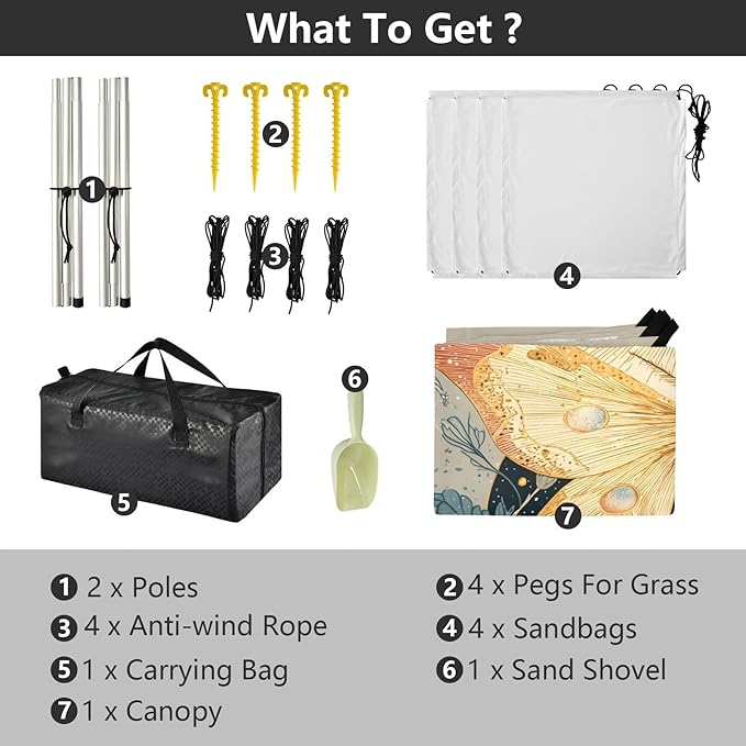 ALAZA Butterfly Moon Star Dandelion Beach Tent Sun Shelter UPF50+ Protection Beach Shade Canopy w/ 4 Sandbags for Outdoor Camping Fishing Backyard Fun Picnic 10x9 ft