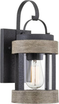 Kira Home Rochester 14 Modern Indoor Outdoor Wall Sconce + Cylinder Glass Shade Weathered Oak Wood Style + Textured Black Finish
