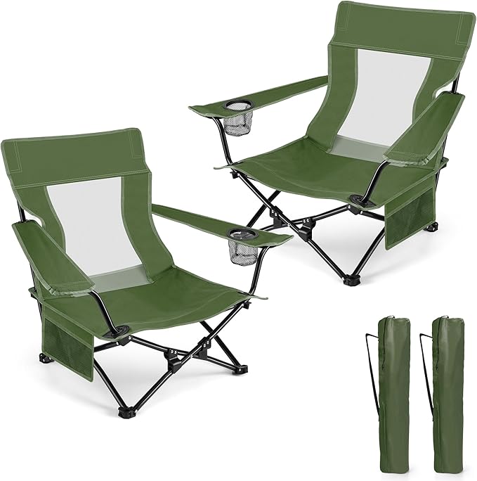 HaSteeL Folding Beach Chair Set of 2 Foldable Green Camping Chairs for Outside Low Beach Chair Portable for Adults Fishing Picnic Outdoor BBQ Travel Sports Cup Holder &amp Storage Bag