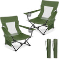HaSteeL Folding Beach Chair Set of 2 Foldable Green Camping Chairs for Outside Low Beach Chair Portable for Adults Fishing Picnic Outdoor BBQ Travel Sports Cup Holder &amp Storage Bag
