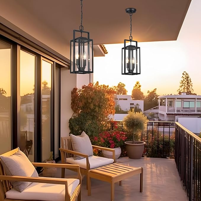 17.8'' Large Outdoor Pendant Light 2-Light Modern Black Metal Outside Chandelier Exterior Hanging Fixture Ceiling Mount with Clear Glass for Front Porch Entrance Entryway 1 Pack