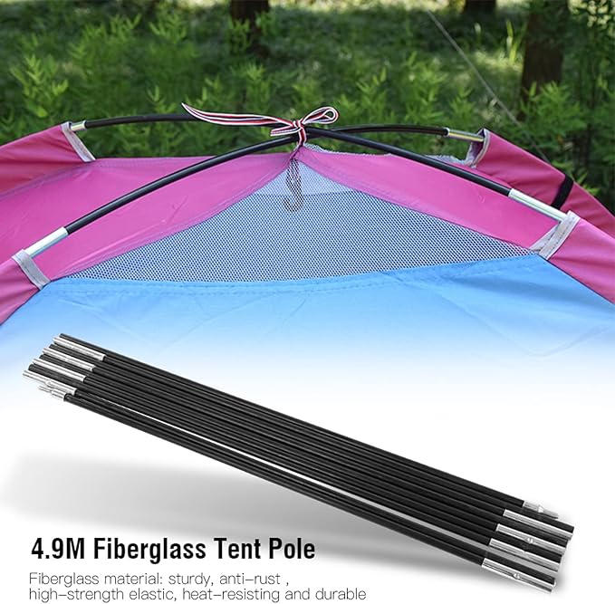 Tent Tarp Poles 4.9M Universal 9 Sections Fiberglass Camping Tent Pole Bars Camping Awning Poles Tent Pole Support Frames Kit Outdoor Support Rods Awning Frames Kit