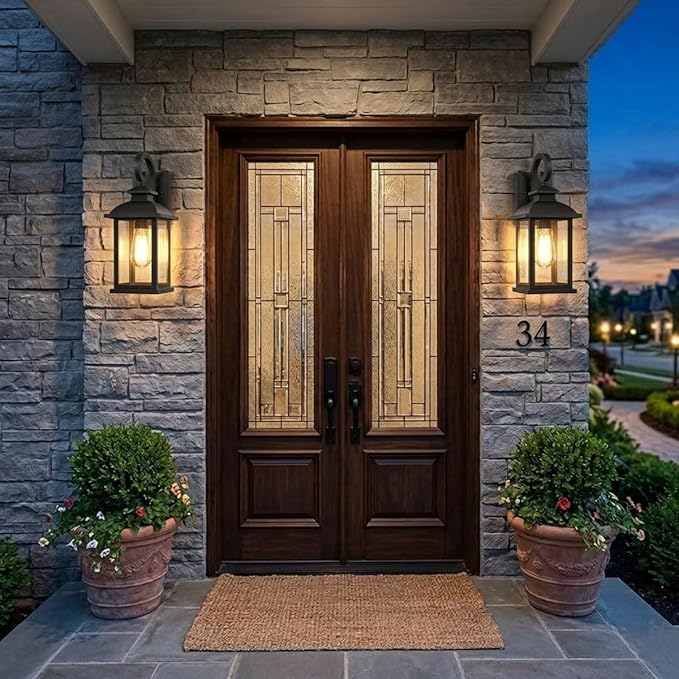 Outdoor Wall Sconce Lights 2-Pack Anti-Rust Aluminum Outdoor Porch Lights Wall Mount Black Exterior Lighting Fixtures with Tempered Glass 15 Medium Coach Lights for Garage House