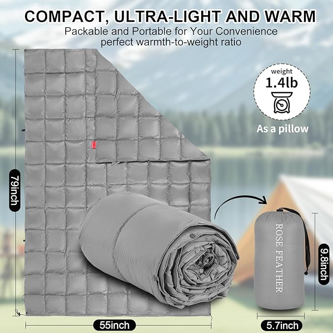 Down Camping Blanket - Lightweight Packable Warm &amp Puffy Outdoor Travel Quilt for Sleep Hiking Backpacking Stadium Festivals Water-Resistant Sleeping Bag 55x79