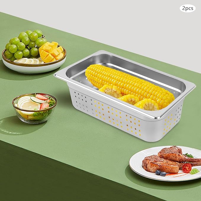 2 Pcs Filtering Pans 6.34Qt Anti-Jam Perforated Pan Stainless Steel Steam Pan Filter BasketCommercial Hotel Pan Catering Food PansDishwasher/Oven/Freezer Safe