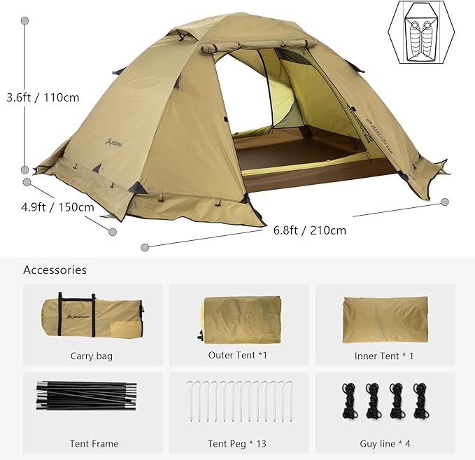 BISINNA 4 Season Tent for Backpacking Winter Tents 2 Person Lightweight Cold Weather Tents Waterproof Double Layer All Season Tent Aluminum Alloy Poles Easy Set Up for Camping Hiking Outdoor
