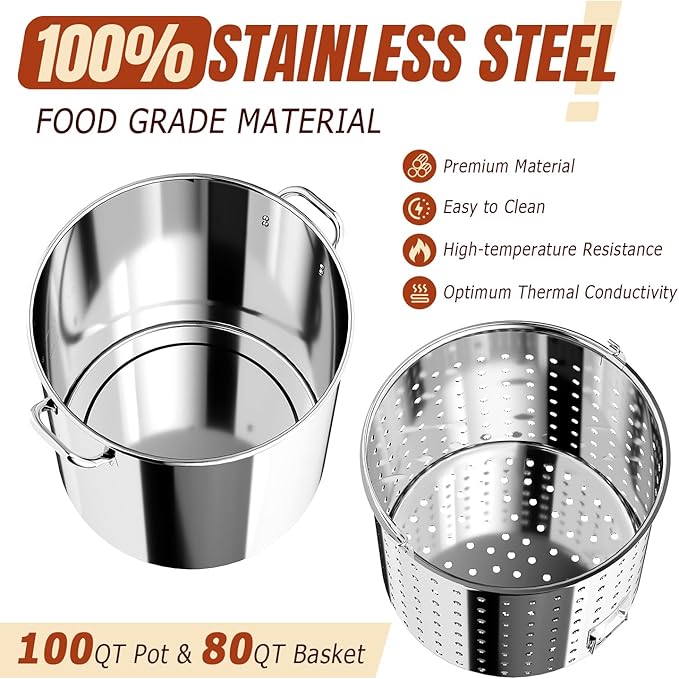 Stainless Steel 100QT Crawfish Boiler Kit Waterproof Cover &amp 18-inch Skimmer 110000BTU Propane Burner Stove 0-20PSIG Regulator Seafood Boil Pot Crab Boil Pot with 80QT Basket