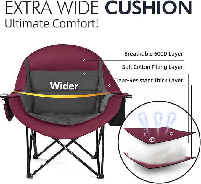 Oversized Camping Chair for Adults - Heavy Duty Padded Outdoor Folding Lawn XL Camp Chair with Cup Holder Cooler Pockets for Sports Beach Fishing Garden Portable Supports 500lbs Red/Grey