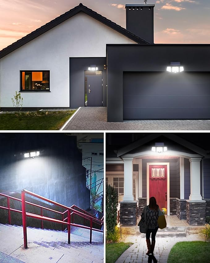 LE Solar Lights for Outside Solar Lights Outdoor with Motion Sensor WL4000 High Brightness 3 Adjustable Heads 270° Wide Lighting Angle IP65 Waterproof Wireless Wall Lamp for Yard Garage 2 Packs