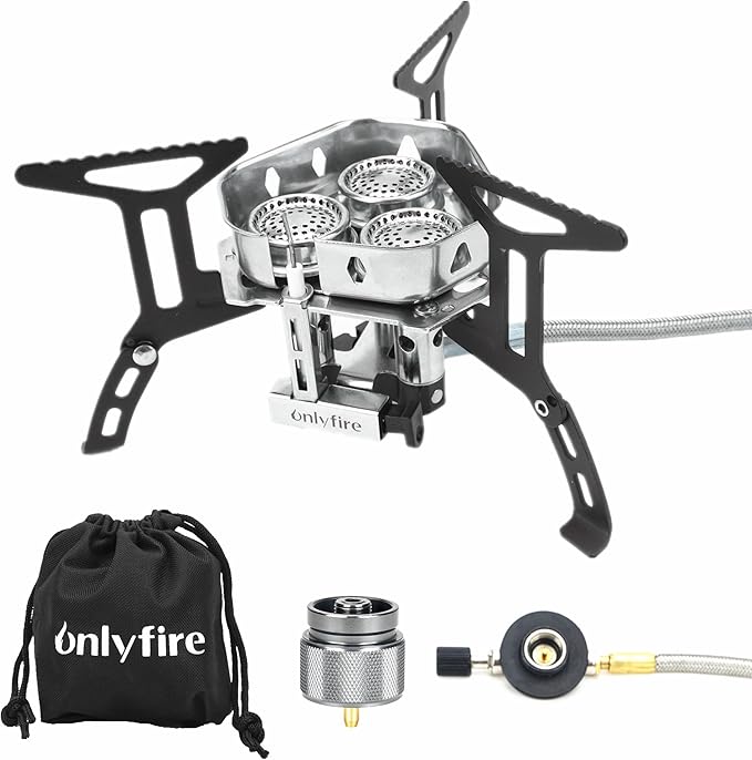 ONLYFIRE OUTDOOR LIVING Portable Camping Stove with 1LB Propane Gas Adapter Backpacking Stove Piezo Ignition Mini Camp Stoves with Carry Bag for Outdoor Cooking Picnic Hiking Emergency 6800W GS334