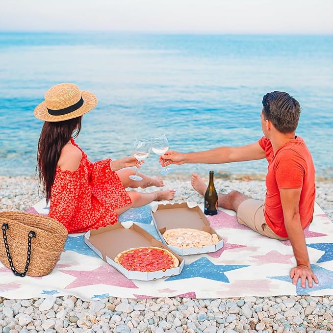 Waterproof Sandproof Beach Blanket 59''×68'' Star Confetti Polyester Outdoor Picnic Blanket with 4 Stakes &amp Storage Bag for BeachCampingVacation White