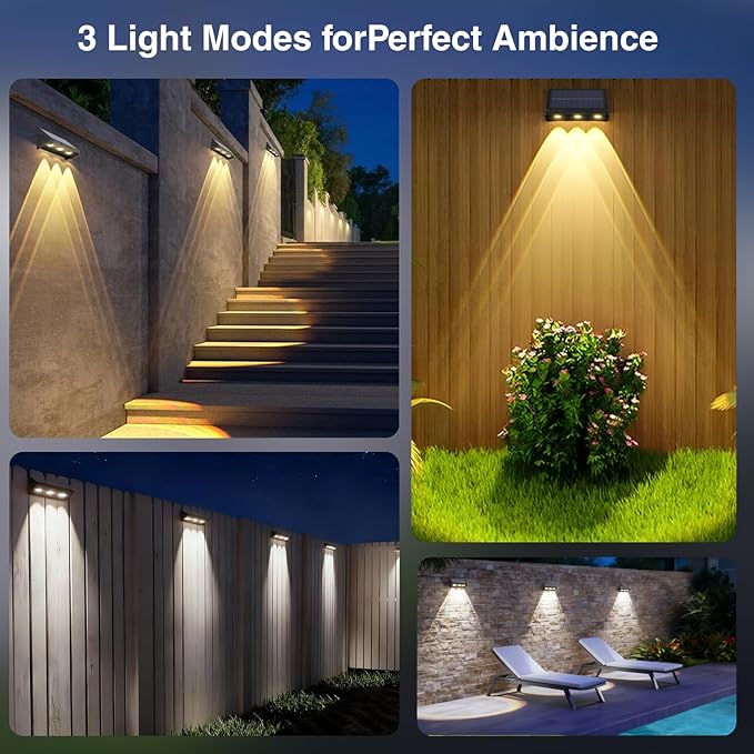 Onforu Solar Fence Lights12 Pack Solar Lights Outdoor3 Modes(Warm/Neutral/Cool White) for OutsideDusk to Dawn Outdoor LightIP65 Waterproof Deck Lighting for PatioStepBackyardRailingWall