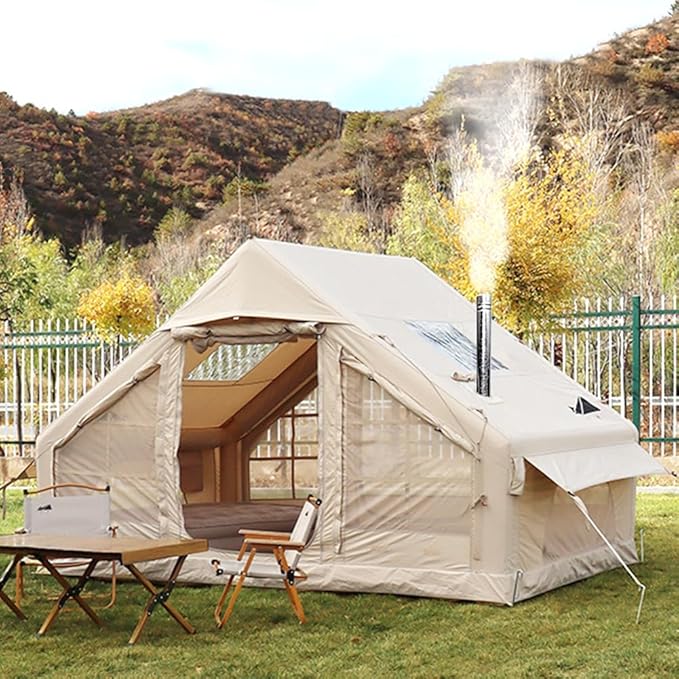 Large Luxury Inflatable Camping Tent Cotton Canvas Tent Breathable and Waterproof Air Tent with Skylight and Stove Jack Hole for for 4-6-8-10 Person Family Camping