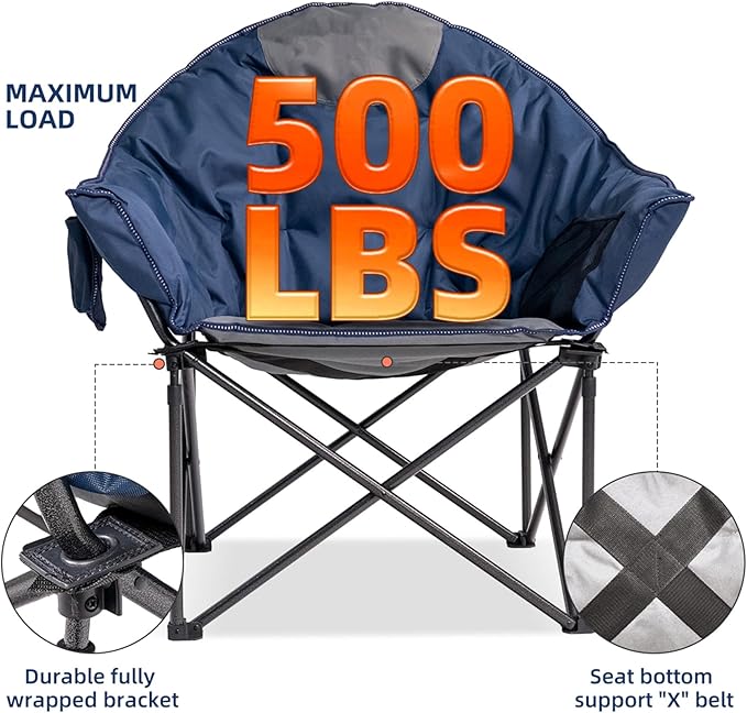 Oversized Camping Chair Padded Moon Saucer Chair Set of 2 with Cup Holder &amp Carry Bag Heavy Duty 500lbs Capacity Folding Outdoor Lounge Chair for Lawn Patio Sports - Blue &amp Gray