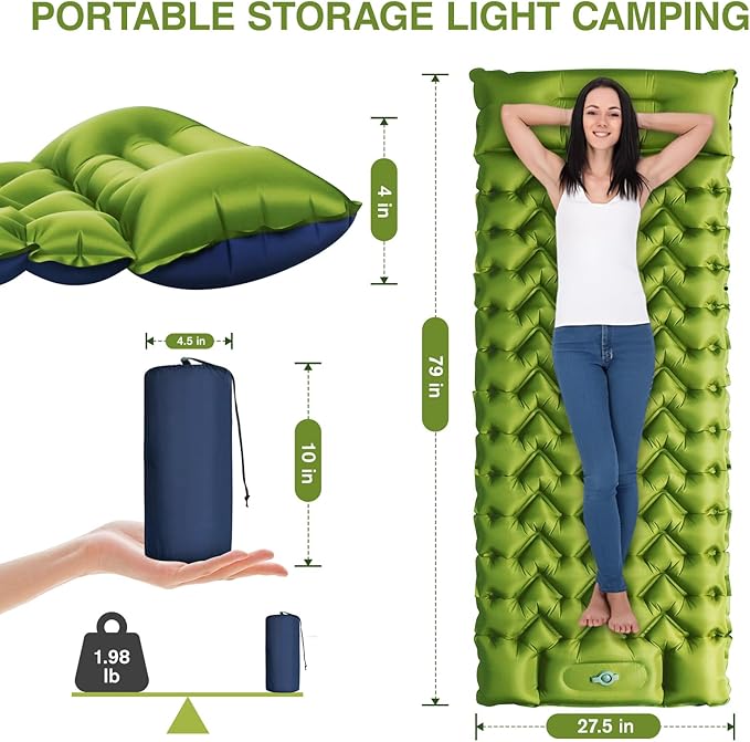 Camping Sleeping Pad Ultralight Camping Mat with Pillow Built-in Foot Pump 4 Thick Inflatable Sleeping Mat Compact for Backpacking Hiking Car Traveling Camp Tent