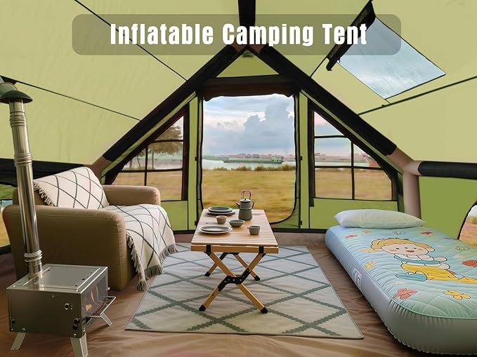 Inflatable Camping Tent Glamping Blow Up Tent with Hand Pump for All-Season 3 Mins Easy Setup Waterproof Tens with Mesh Window for 4-6 Person Suit for Family Friend Camp Outdoor Gathering