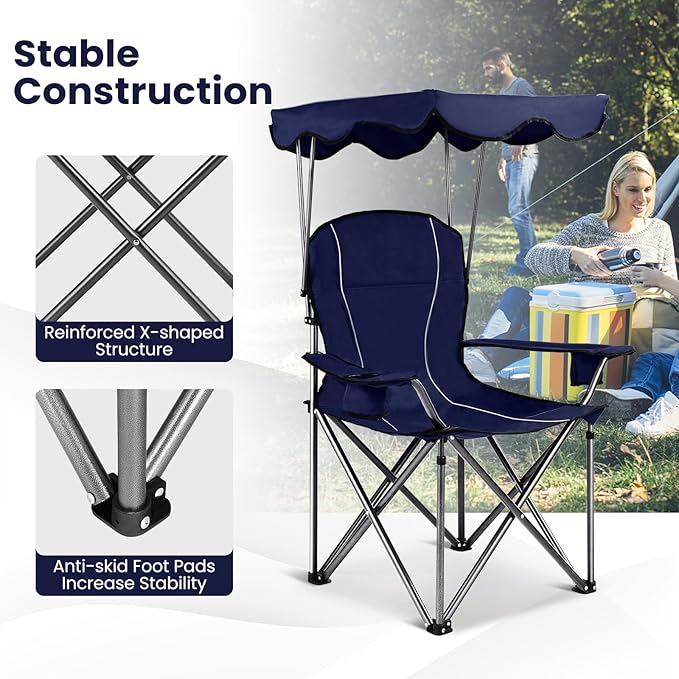 KOTEK Camping Chair with Canopy Portable Canopy Chair with Shade Cup Holder &amp Carry Bag Outdoor Folding Chairs for Sports Events Fishing Beach Picnic Hiking Travel (Blue)