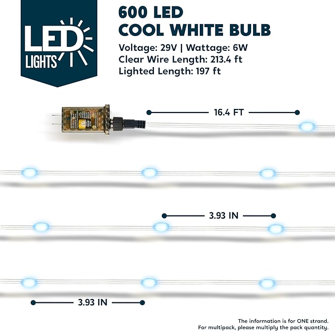 Joiedomi 600 LED Christmas Lights Outdoor197 FT Cool White Christmas Tree Lights with 8 Modes Timer PVC Clear Wire String Lights with Reel for Indoor Outdoor Holiday Xmas Eve Night Decorations