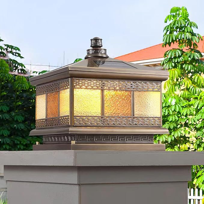 All Copper Steel Glass Outdoor Post lights Waterproof Pillar Light Vintage Patio Lawn Column Lampoutdoor column lightsDeck Lights Lantern Fence Lamp Fixture E26 Base (Flower glass 16X16IN)