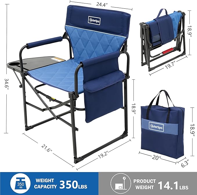 Camping Folding Chairs for Outside Foldable Camp Chairs for Adults Heavy Duty Oversized Directors Camping Chair with Table for Picnic Lawn Large Comfy Camping Chair 350 LBS Capacity Blue