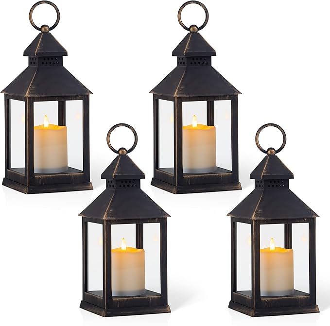 Vintage Golden Brushed Black Lantern Decorative LED Flickering Flameless Candle with Timer Battery Powered LED Decorative Hanging Lanterns for Indoor Outdoor Garden Yard Home Decor(4 Pack)